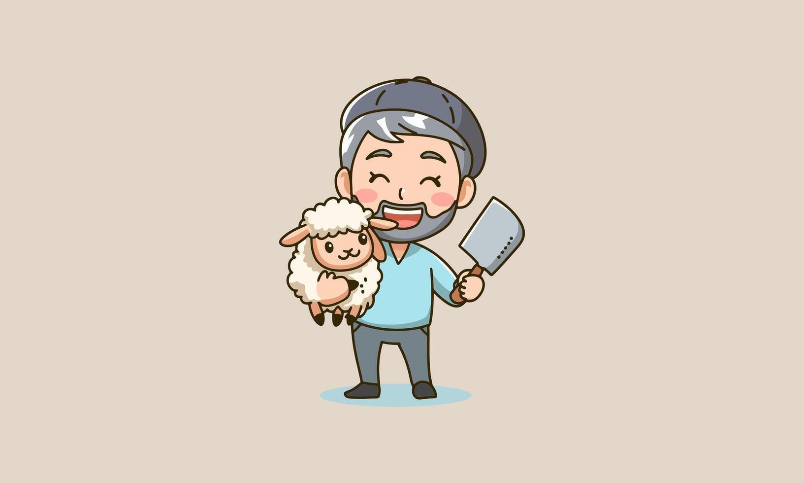 Cartoon man holding a lamb and a butcher cleaver. vector