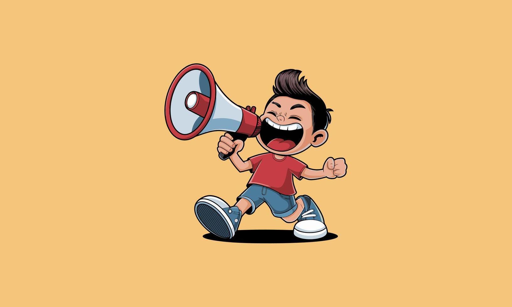 Excited boy shouting through a megaphone with enthusiasm. vector