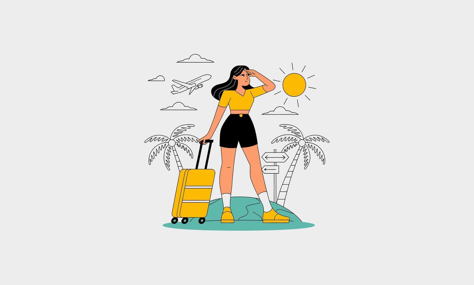 A woman with luggage looking towards the sun and palm trees. vector