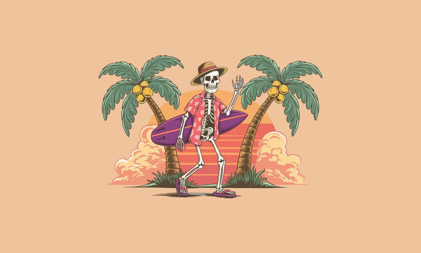 Skeleton surfer in Hawaiian shirt with surfboard on a tropical beach vector