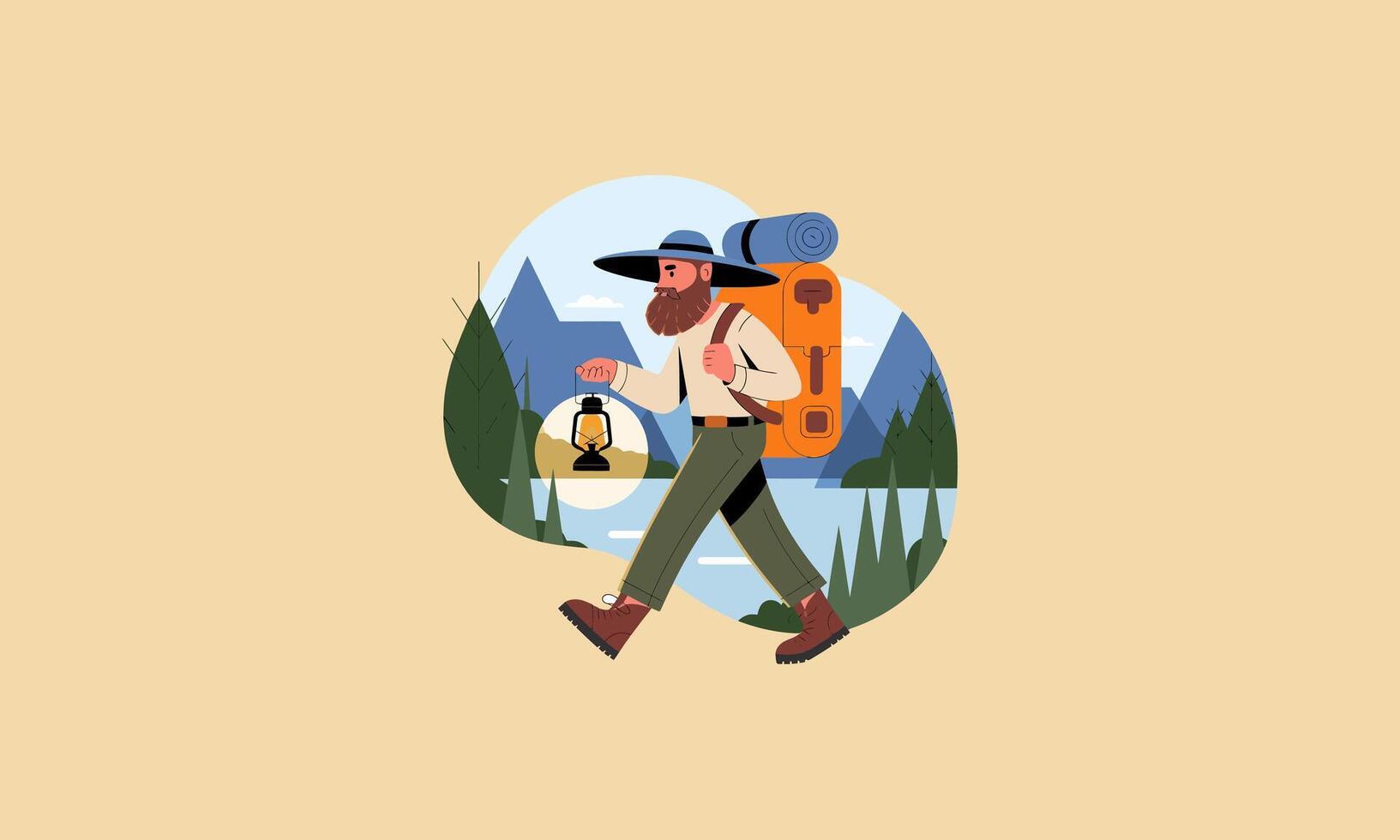 Bearded man hiking with a lantern and backpack in the mountains. vector