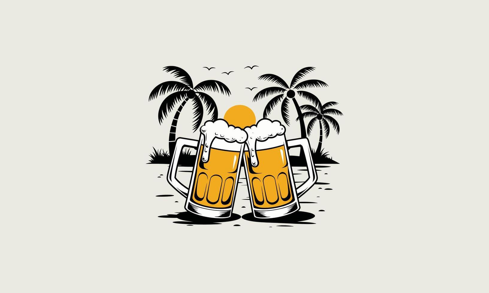 two beer mugs clinking together on a tropical beach. vector