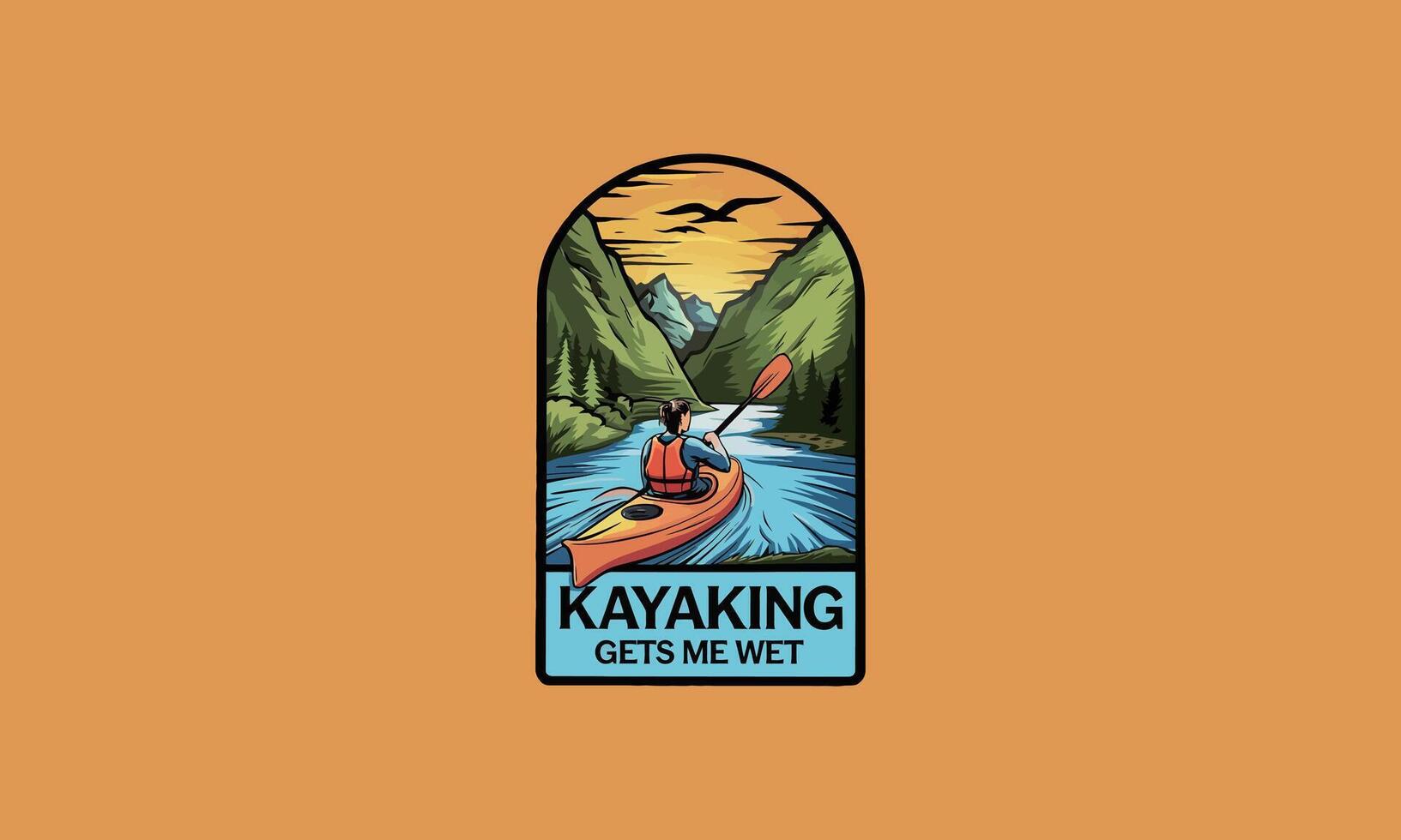 Kayaker paddling through a scenic river at sunset. vector