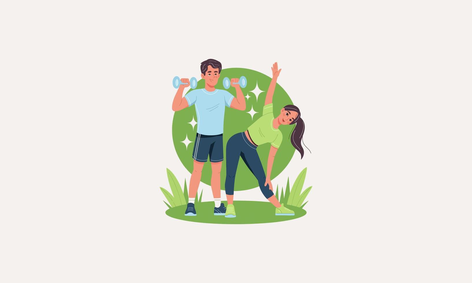 couple exercising outdoors with weights and stretching vector