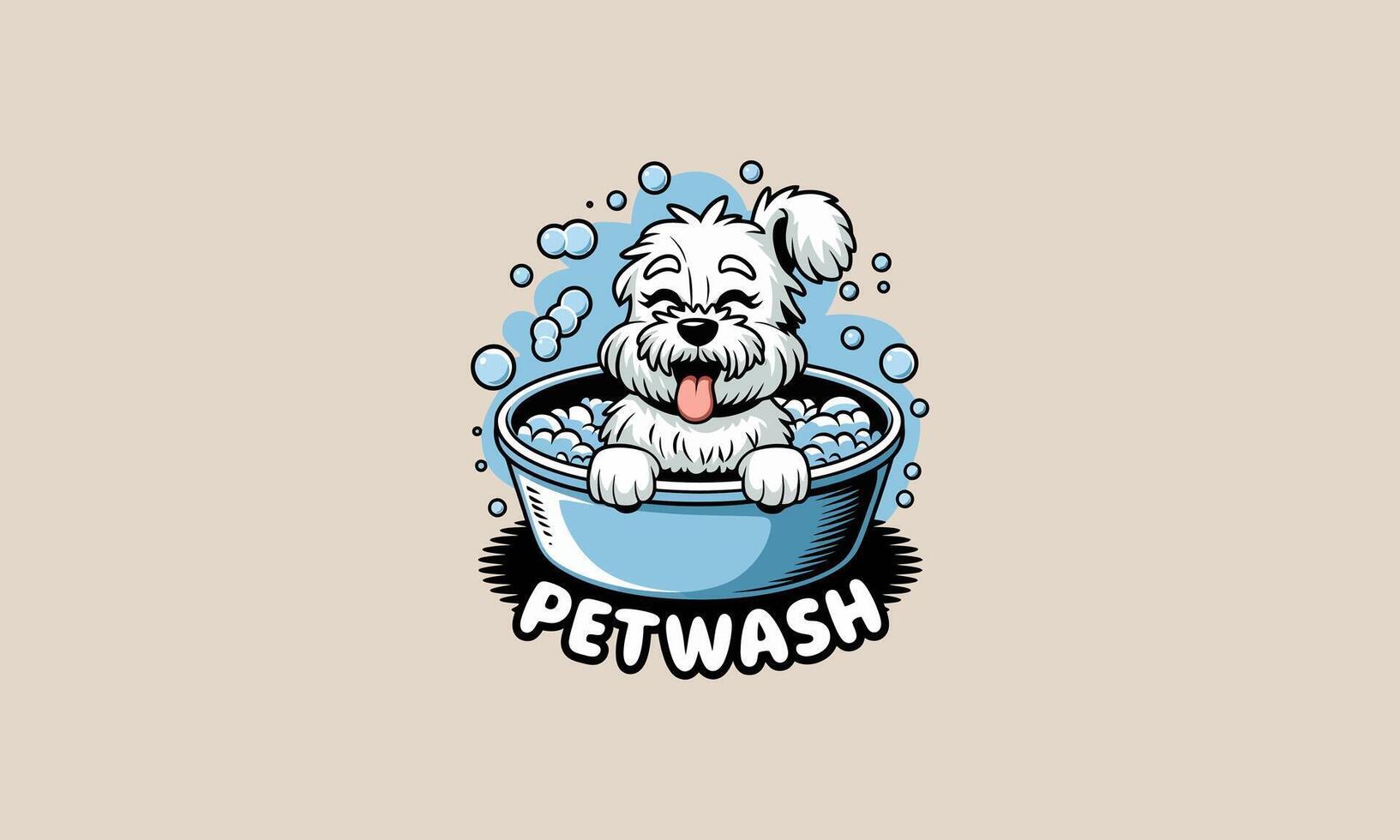 Happy dog enjoying a bath in pet wash tub cartoon logo vector