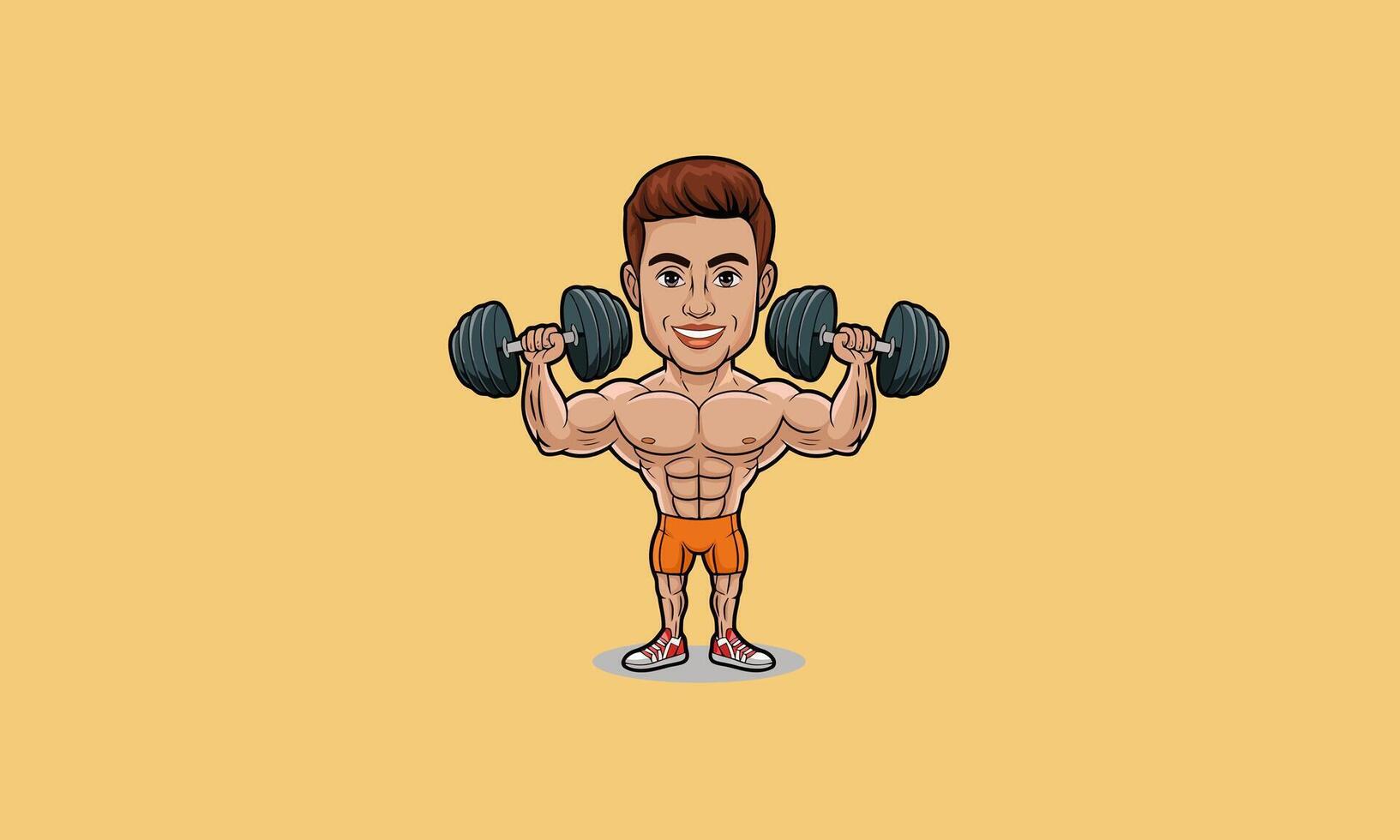 Cartoon bodybuilder lifting dumbbells with a big smile vector