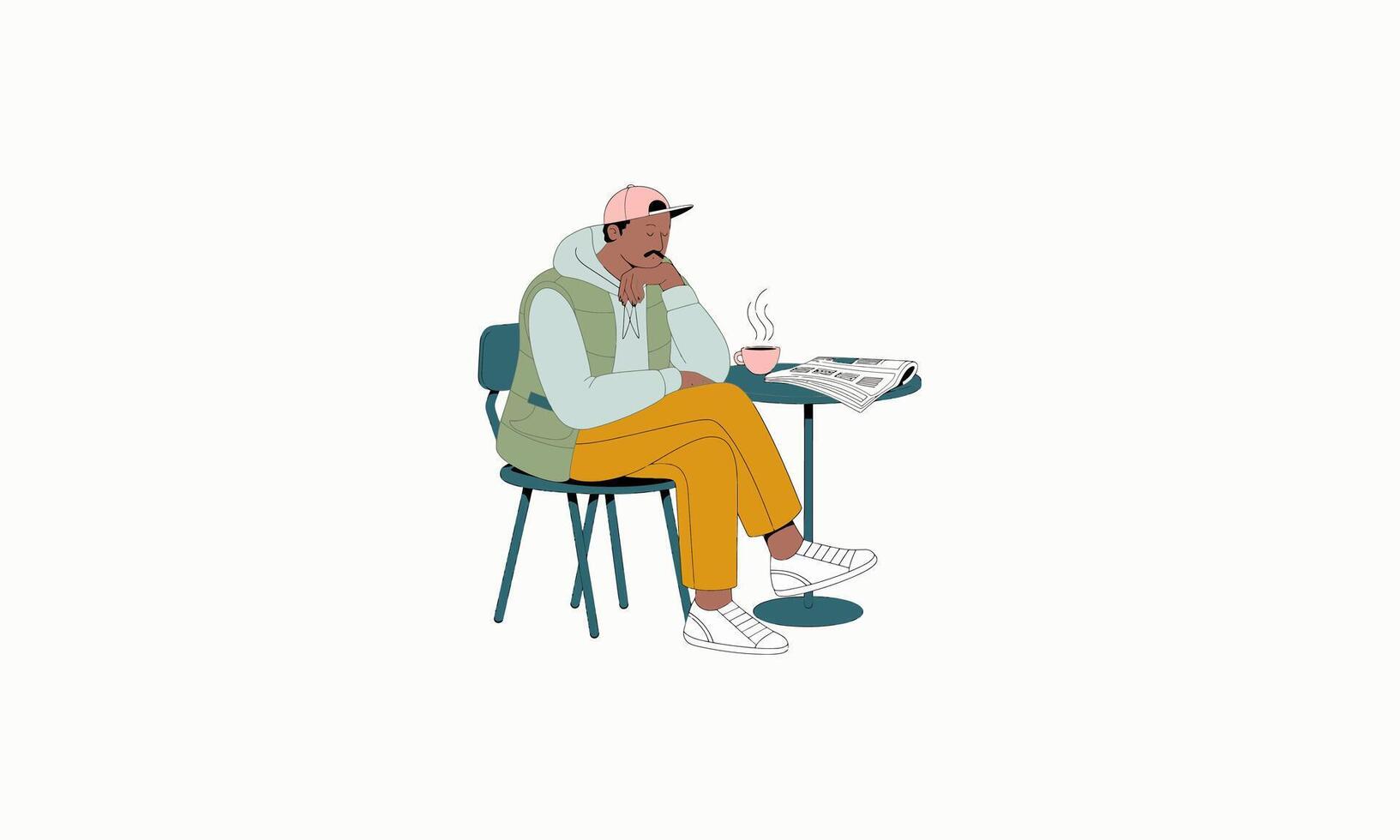 Man sitting at a cafe table reading a newspaper with coffee. vector