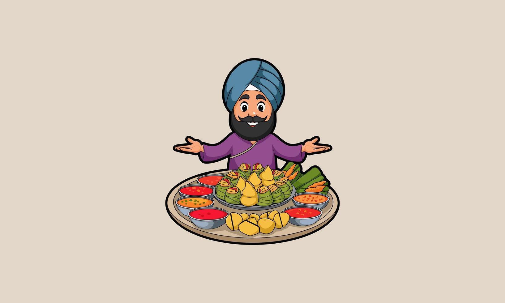 Smiling man in a turban presenting a platter of traditional Indian food. vector