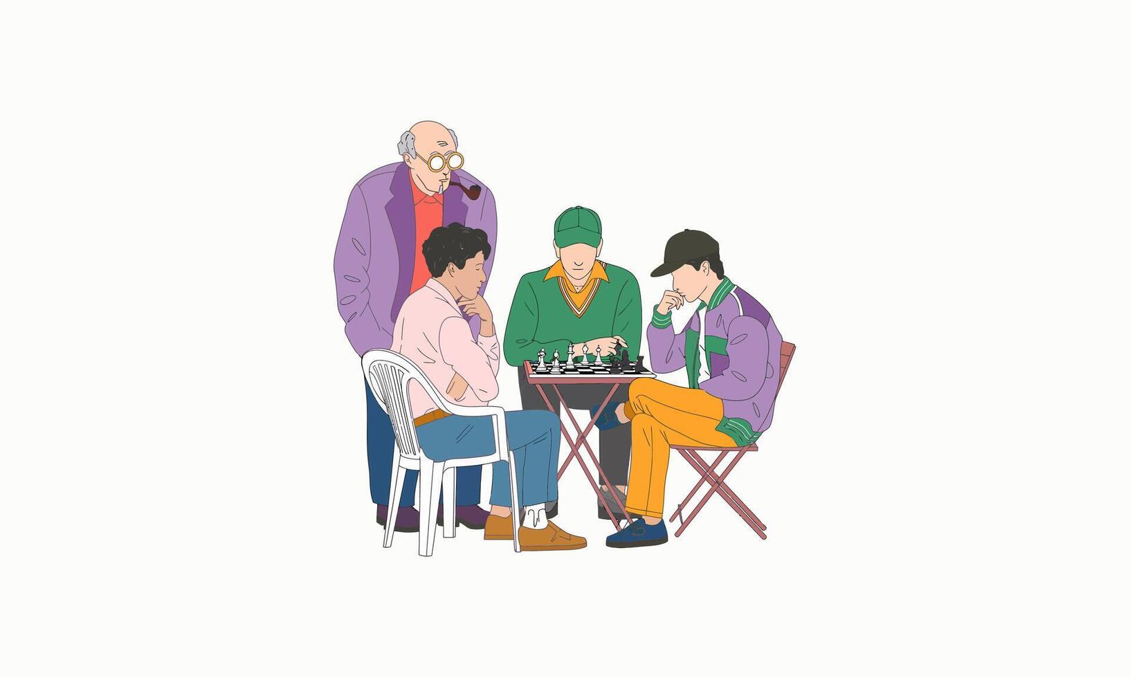 Group of people playing chess outdoors in a casual setting. vector