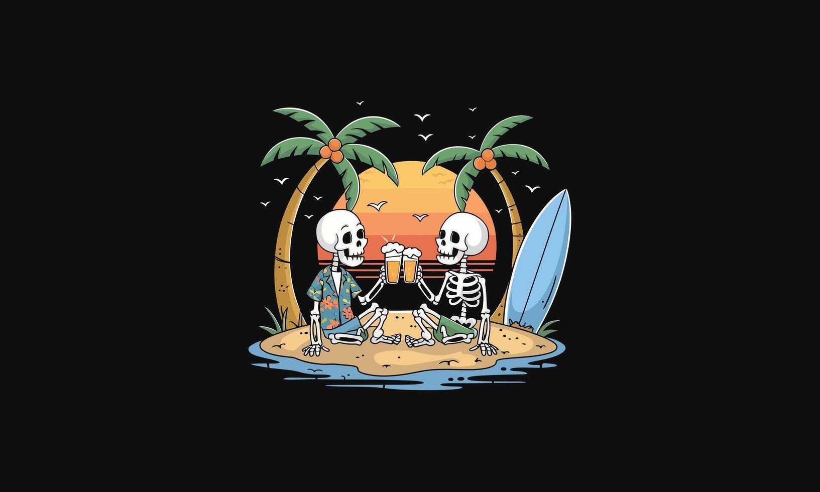 depicts two skeletons drinking beer on a tropical beach. vector