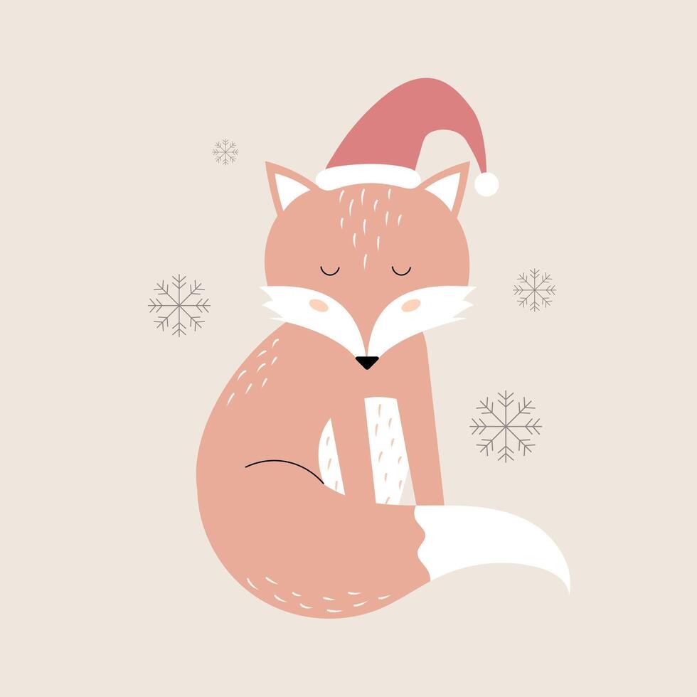 A fox in a Christmas hat. Scandinavian style. Hand drawn illustration vector