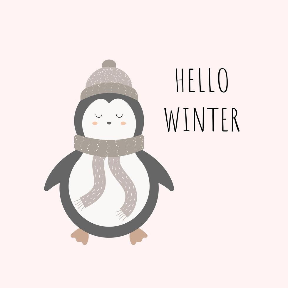 Hello winter. A penguin in winter clothes with a hat and a scarf. Scandinavian style. illustration vector