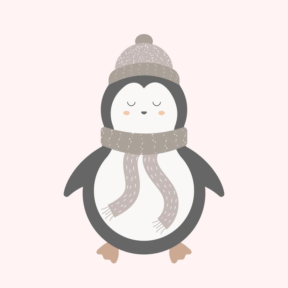 A penguin in winter clothes with a hat and a scarf. Scandinavian style. Hand drawn illustration vector