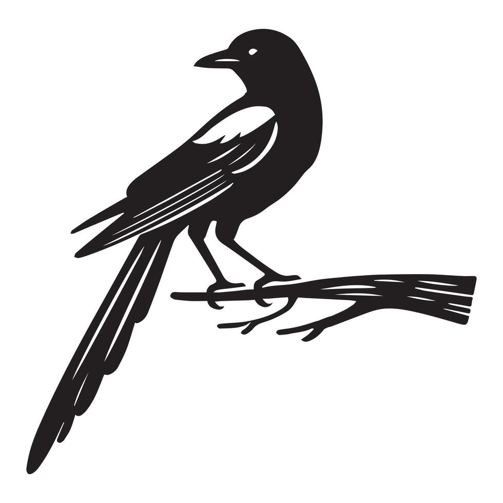 Black and white silhouette of a bird sitting on a branch vector