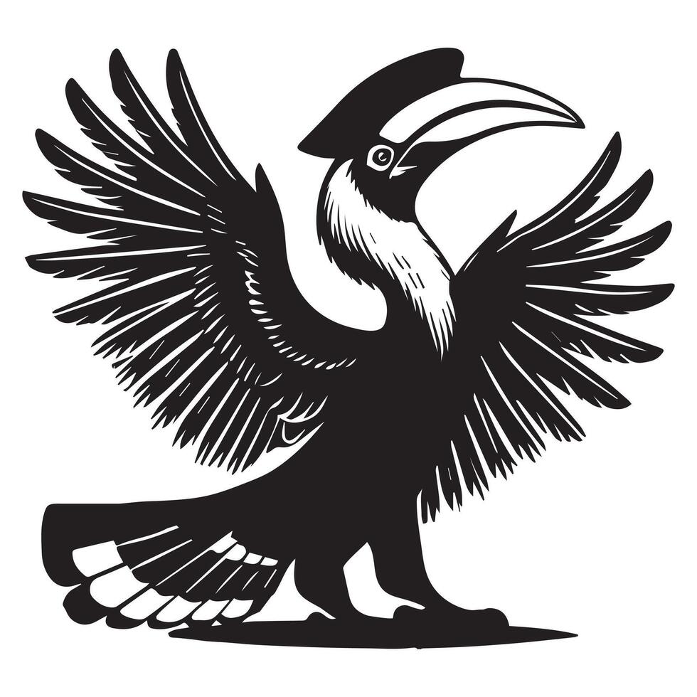 A black and white image of a toucan with its wings spread vector