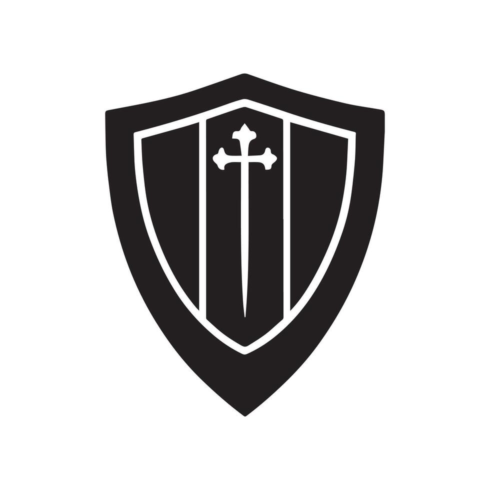 A black and white shield with a cross on it vector