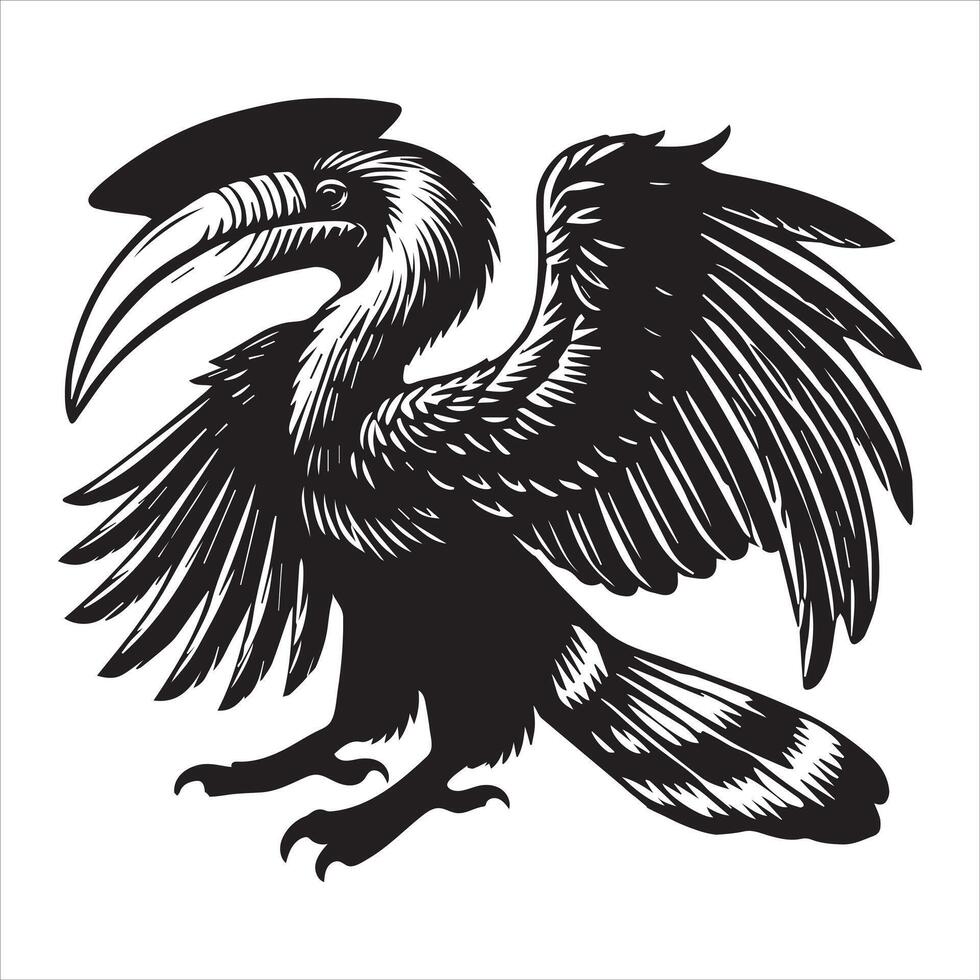 A black and white image of a toucan with its wings spread vector