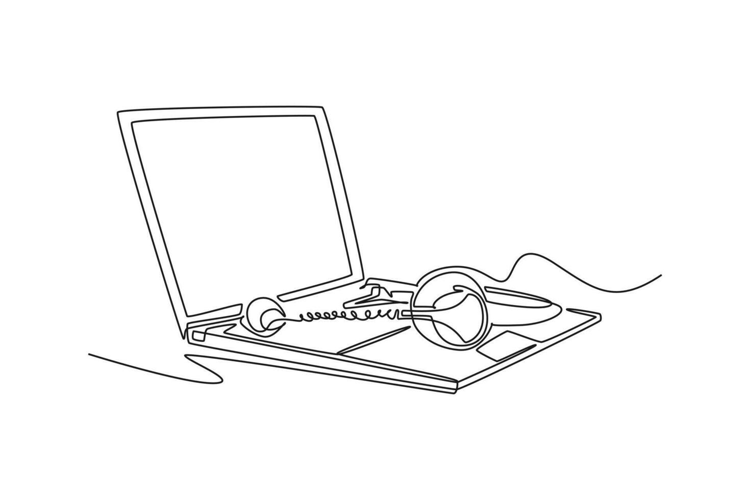 Single one line drawing headphone with microphone and laptop on working desk as call center equipment tools. Call center customer care concept. Continuous line draw design graphic illustration vector