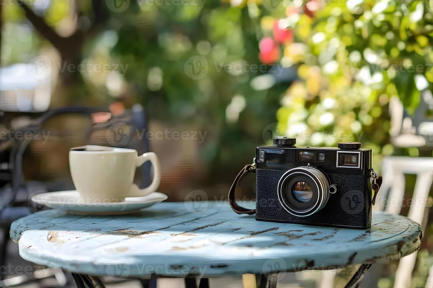 a vintage camera and a cup of coffee on a table photo