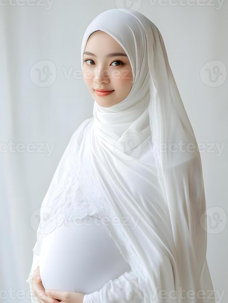 a pregnant woman in white dress and hijab photo