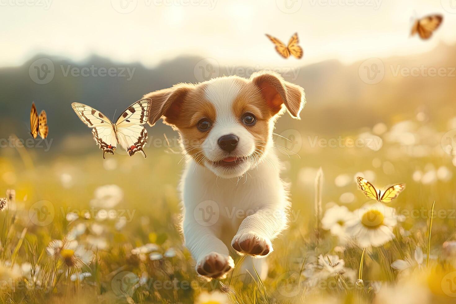 A puppy running through a field with butterflies flying around him photo