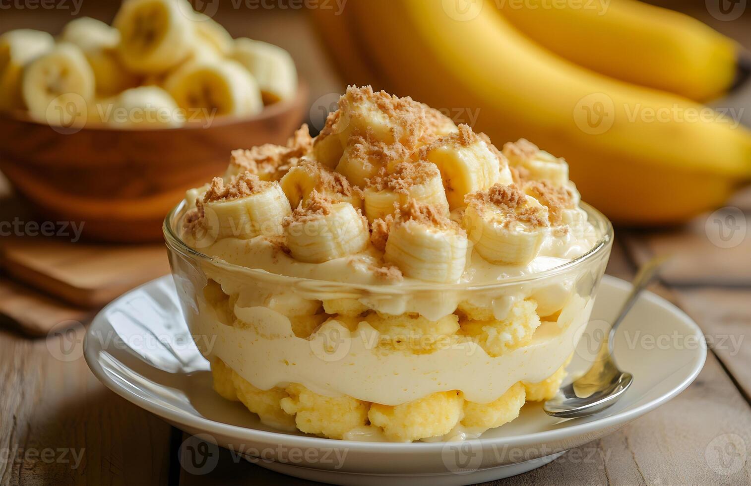 View of Nutritious Delicious ripe Banana Pudding in a bowl photo