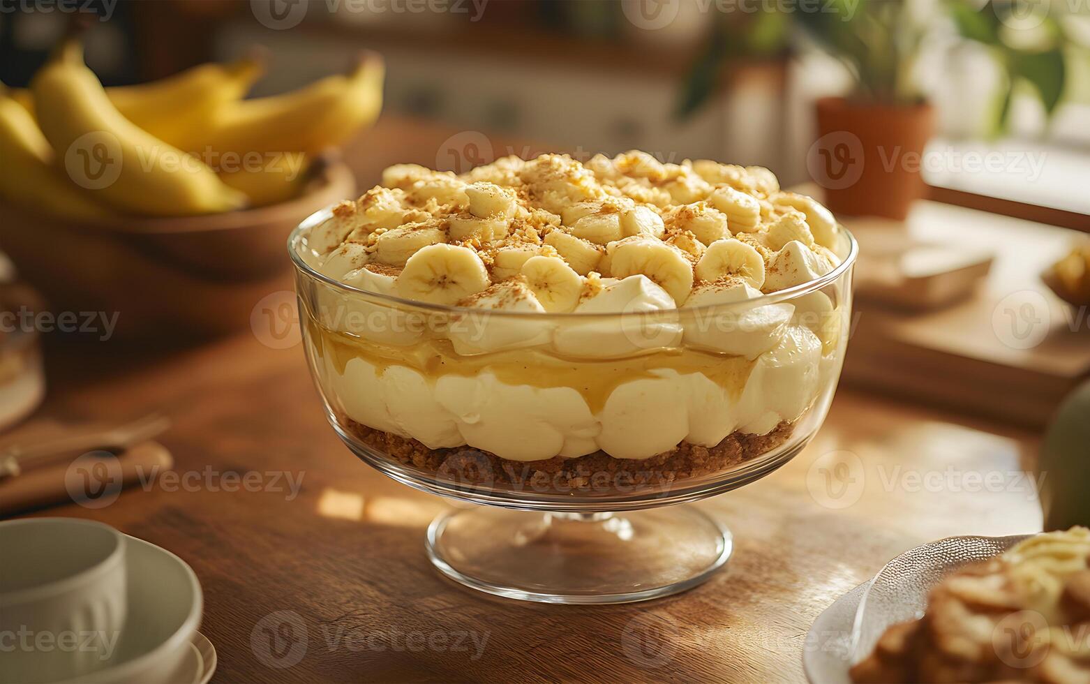 View of Nutritious Delicious ripe Banana Pudding in a bowl photo