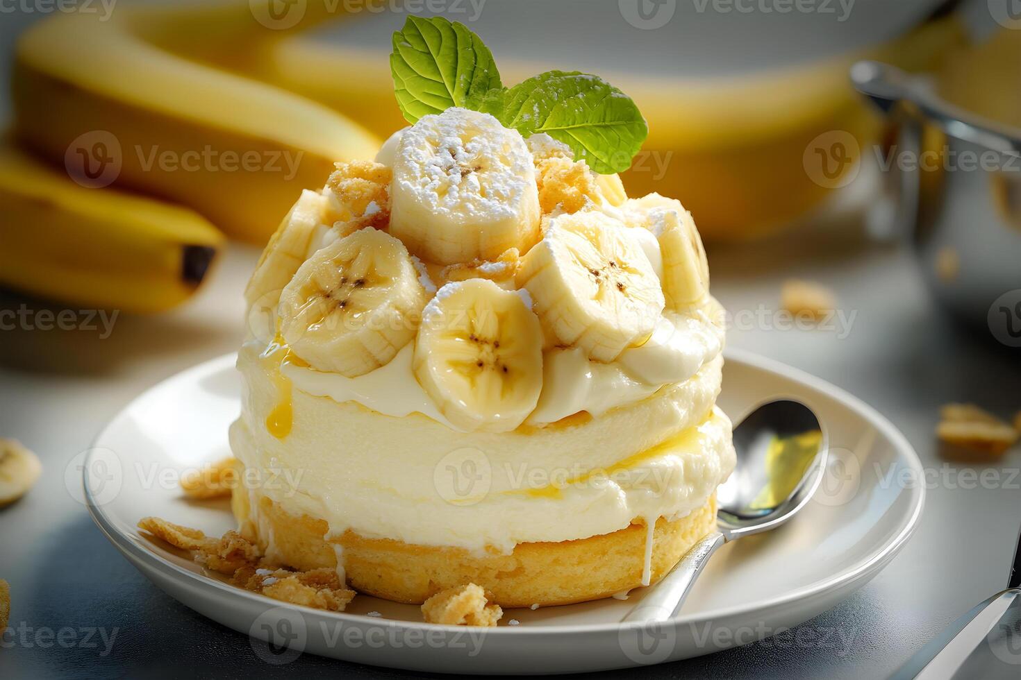 View of nutritious delicious cake cream and ripe banana pudding on a plate photo