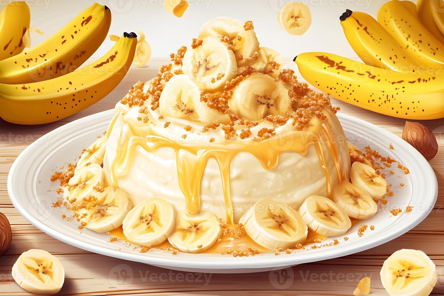 View of nutritious delicious cake cream and ripe banana pudding on a plate photo