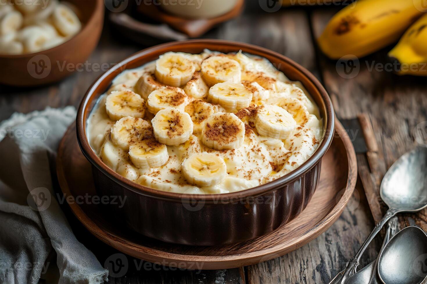 View of Nutritious Delicious ripe Banana Pudding in a bowl photo