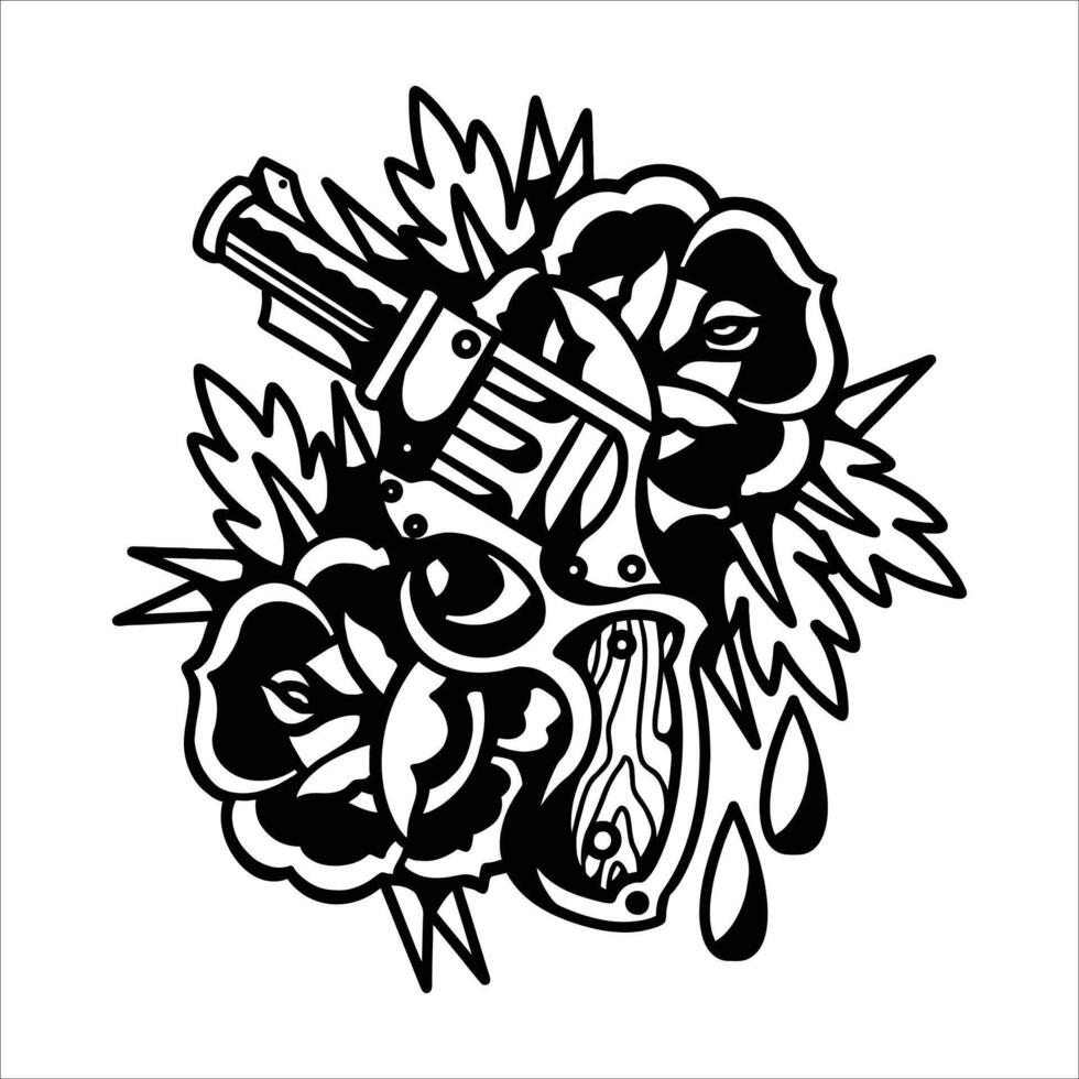rose gun tattoo illustration design vector