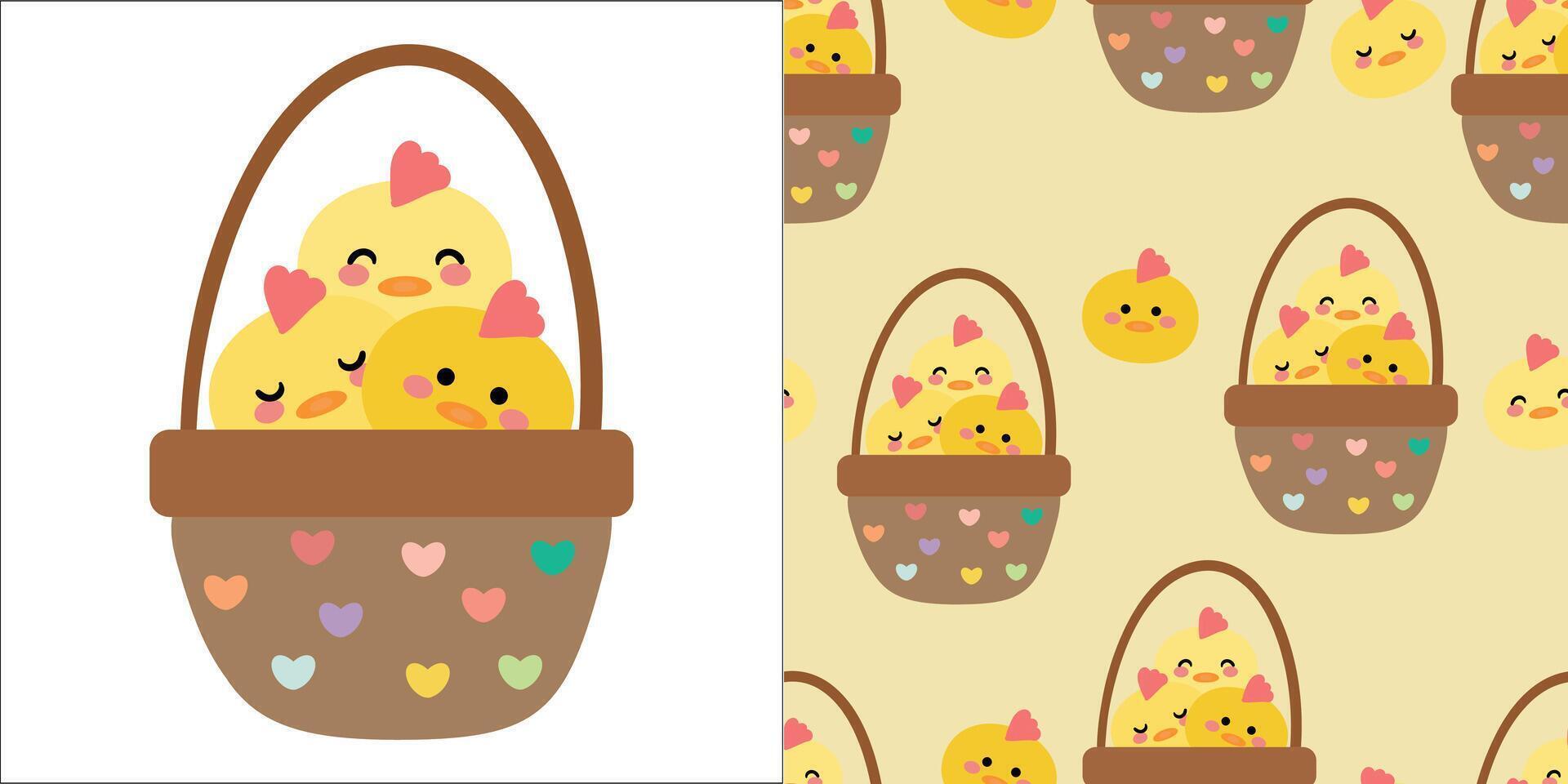 Card and pattern of cute cartoon chicks in a basket. cute cartoons and wallpapers for fabric prints, gift wrapping paper vector