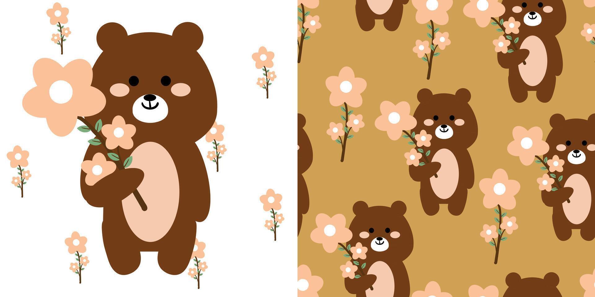 Cards and patterns of cartoon brown bears and flowers. cute wallpaper and cards for fabric prints, gift wrapping paper vector