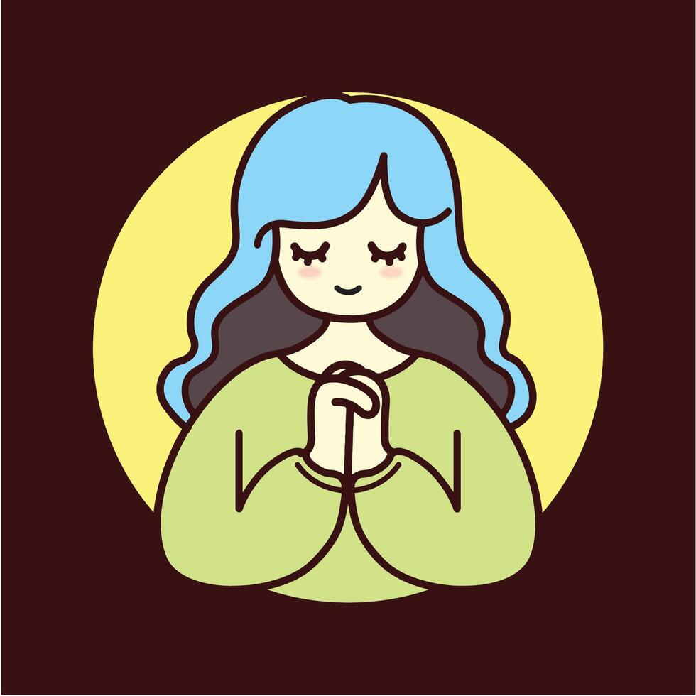 A girl is praying with happy smiling face in the way of Catholic Christian religion. long blue hair. with yellow cyrcle as backgraund. Can be used for illustrations or logos vector