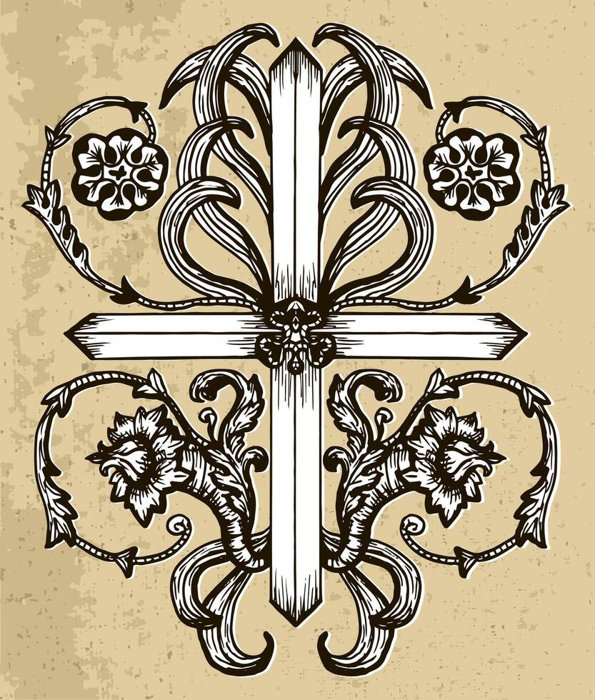 Fantasy cross with baroque leaves and flowers patterns on texture background vector