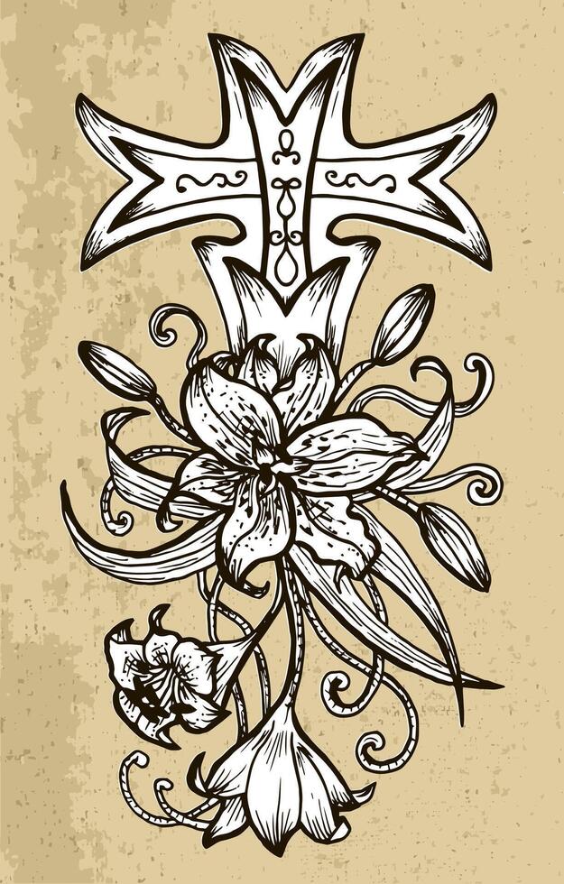 Fantasy cross with lily flower on texture background vector