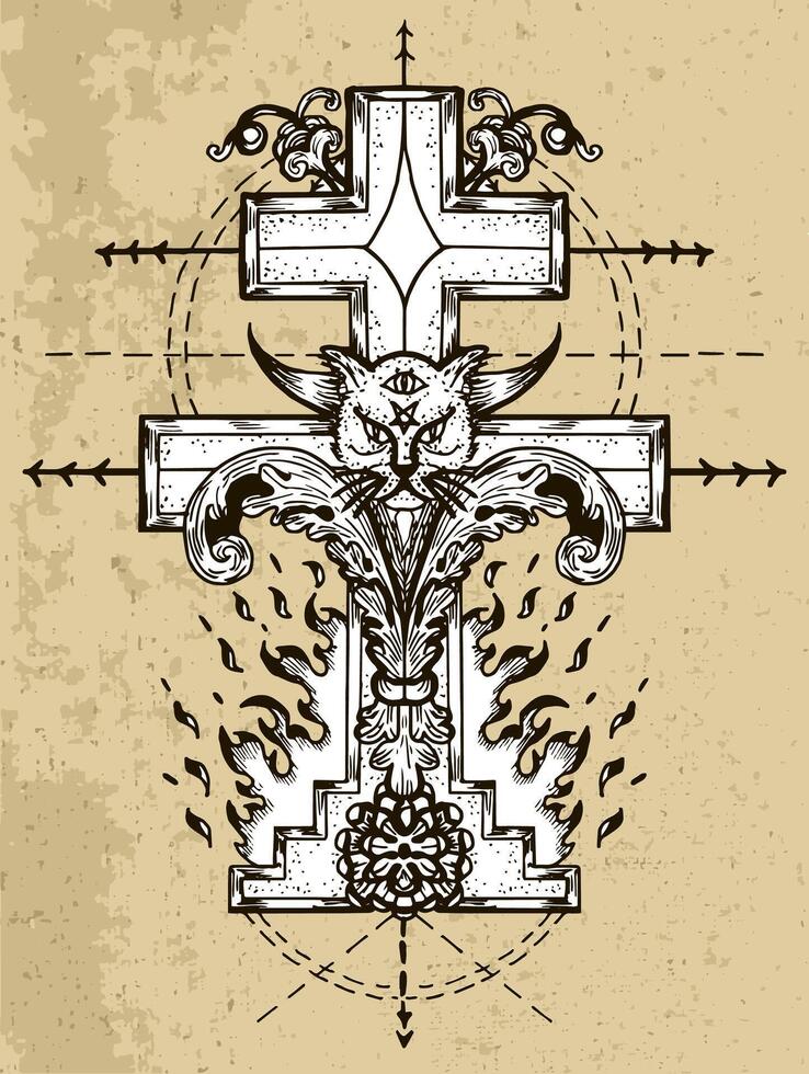Fantasy cross with evil cat, hell flame and sacred geometry pattern vector