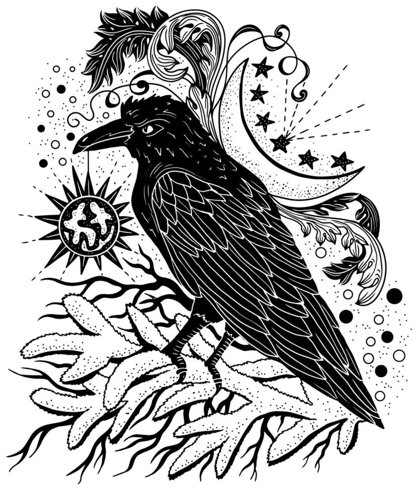 Hand drawn illustration with epic crow, moon and conifer branches on white. Esoteric, gothic and mystic object or element. Halloween and New Year concept. vector