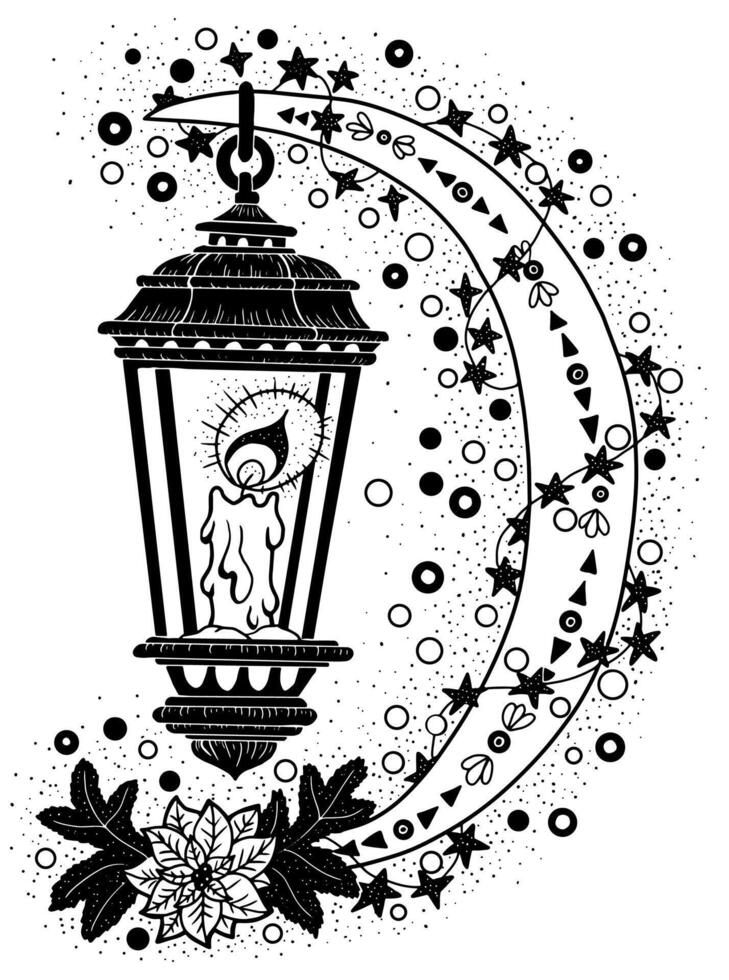 Hand drawn illustration with vintage old lantern and decorated moon on white. Esoteric, gothic and mystic object or element. Halloween and New Year concept. vector
