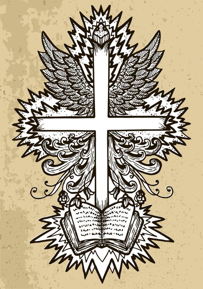Fantasy cross with wings, flame and book on texture background vector