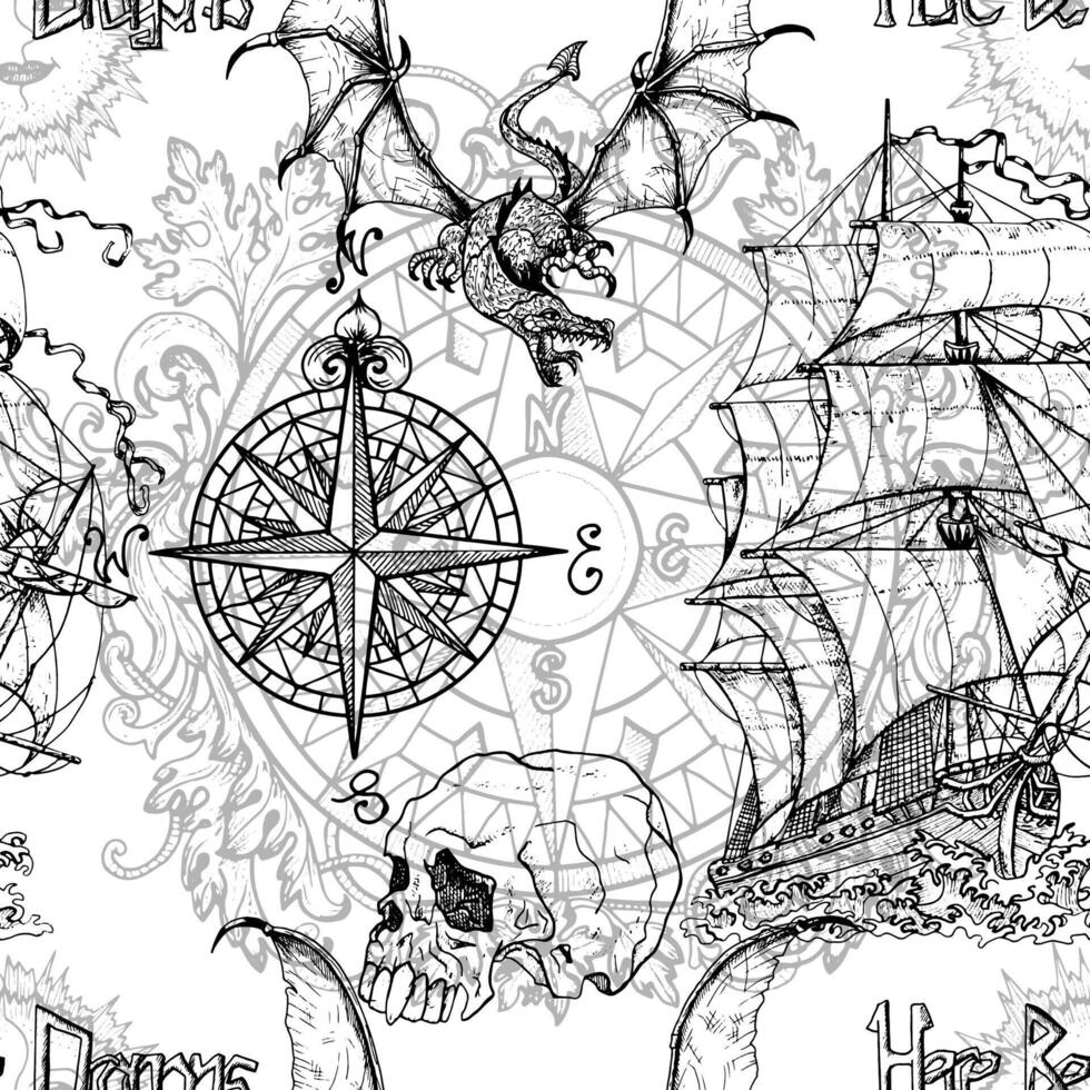 Seamless nautical pattern with compass, dragon and old sailboat, adventure and transportation concept vector