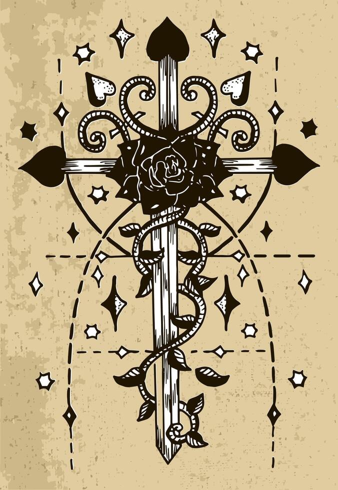 Fantasy cross with rose flower, sacred geometry pattern and stars vector
