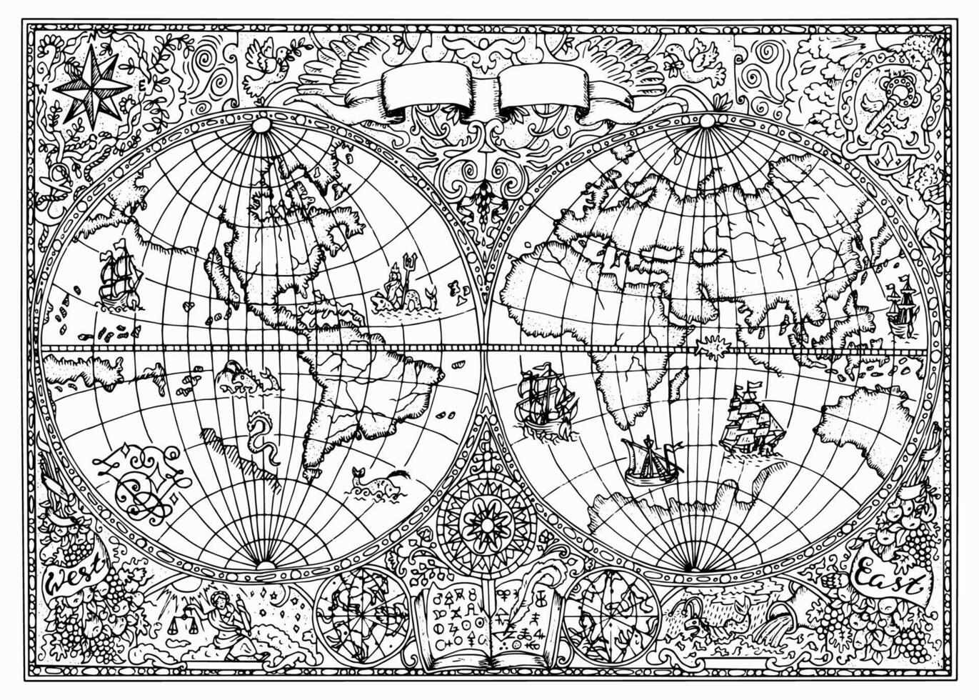 Hand drawn illustration of ancient atlas map of world with mystic ...