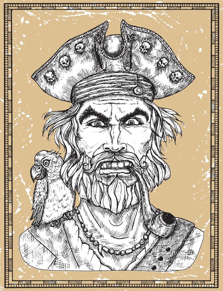 Portrait of angry pirate captain with beard and parrot on texture background. Hand drawn engraved illustration of sailor, seaman or seafarer in old vintage style vector