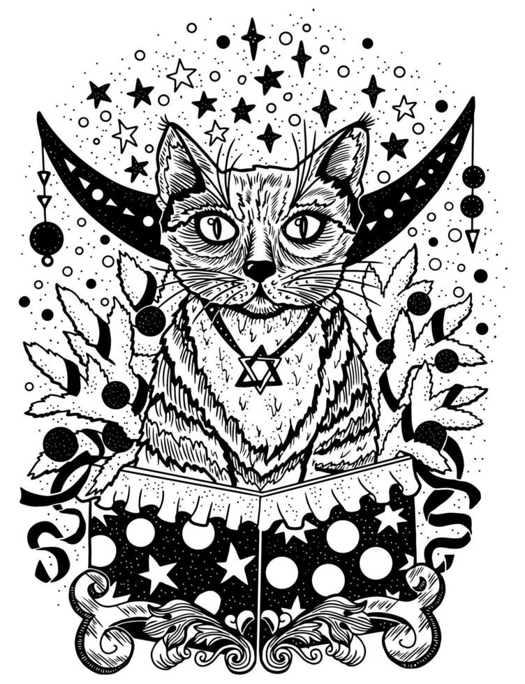Hand drawn illustration with cat sitting in gifting box, moon, conifer branches and stars on white. Esoteric, gothic and mystic object or element. Halloween and New Year concept. vector