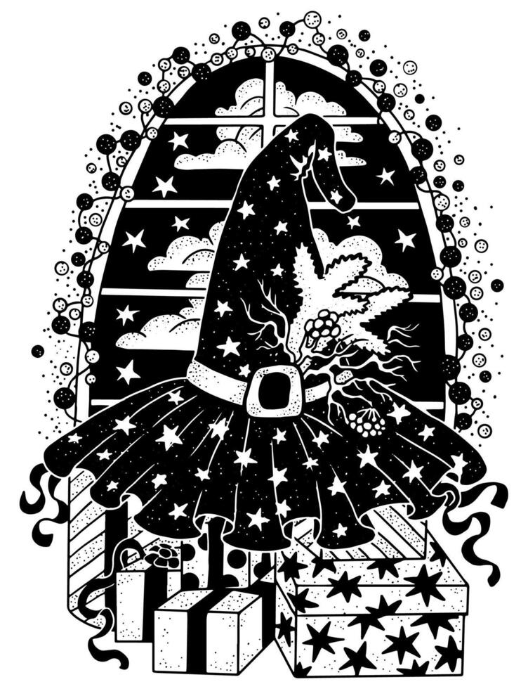 Hand drawn illustration with decorated witch hat and gifting boxes against window with lights on white. Esoteric, gothic and mystic object or element. Halloween and New Year concept. vector