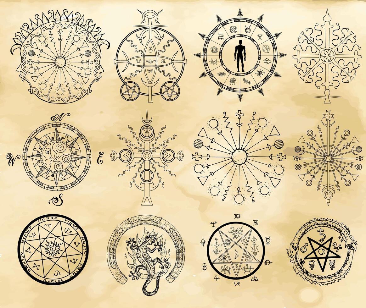 Big set with mystic symbols on textured background vector