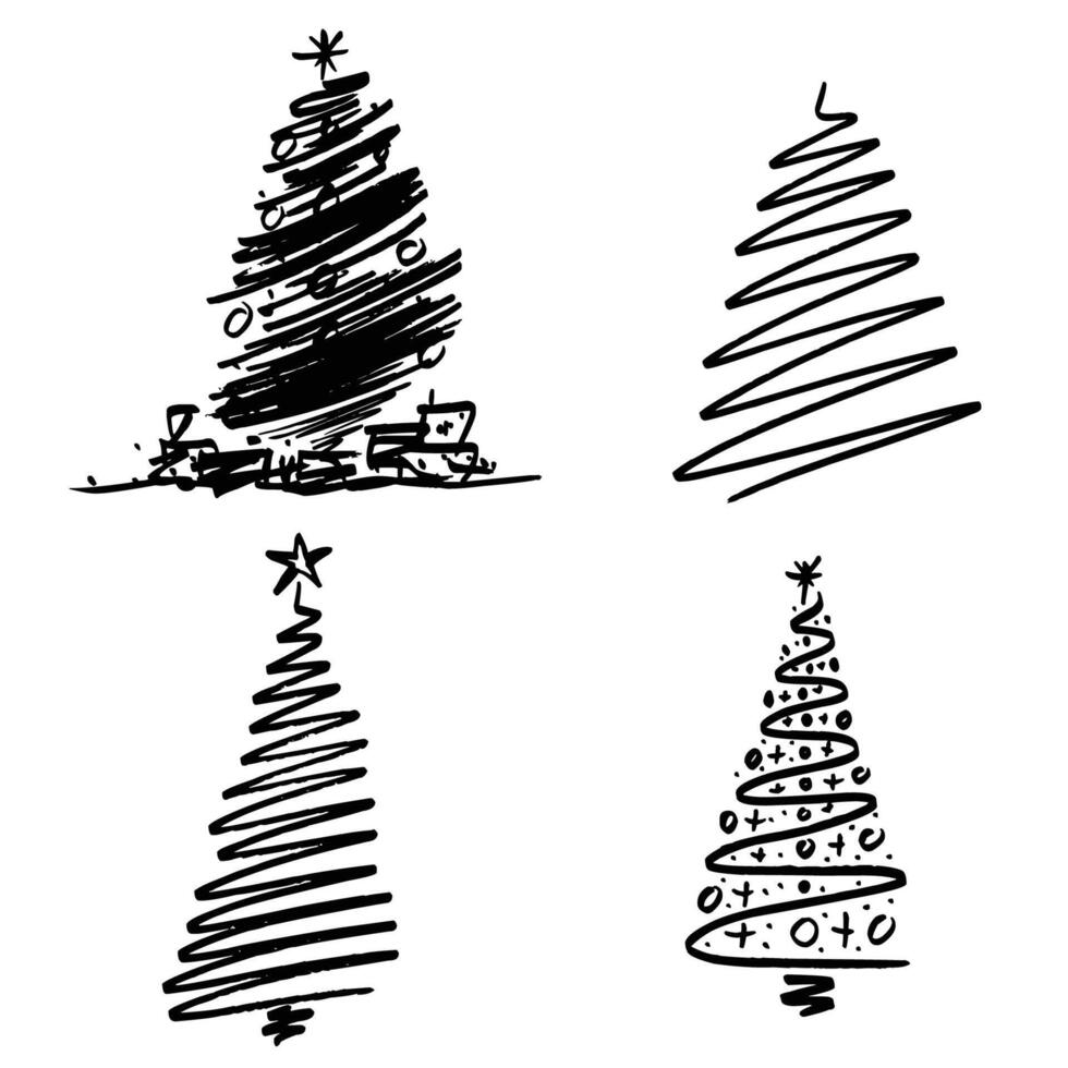 Set of Christmas trees line art hand drawn vector