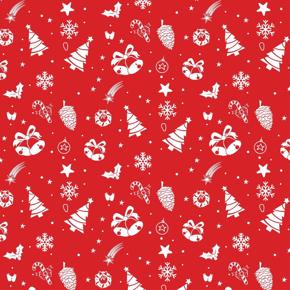 Seamless Christmas Pattern filled with xmas decorations and icons on red background. For backgrounds, wrapping papers, prints, artworks. vector