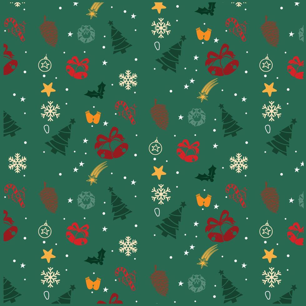 Seamless Christmas Pattern filled with xmas decorations and icons on green background. vector